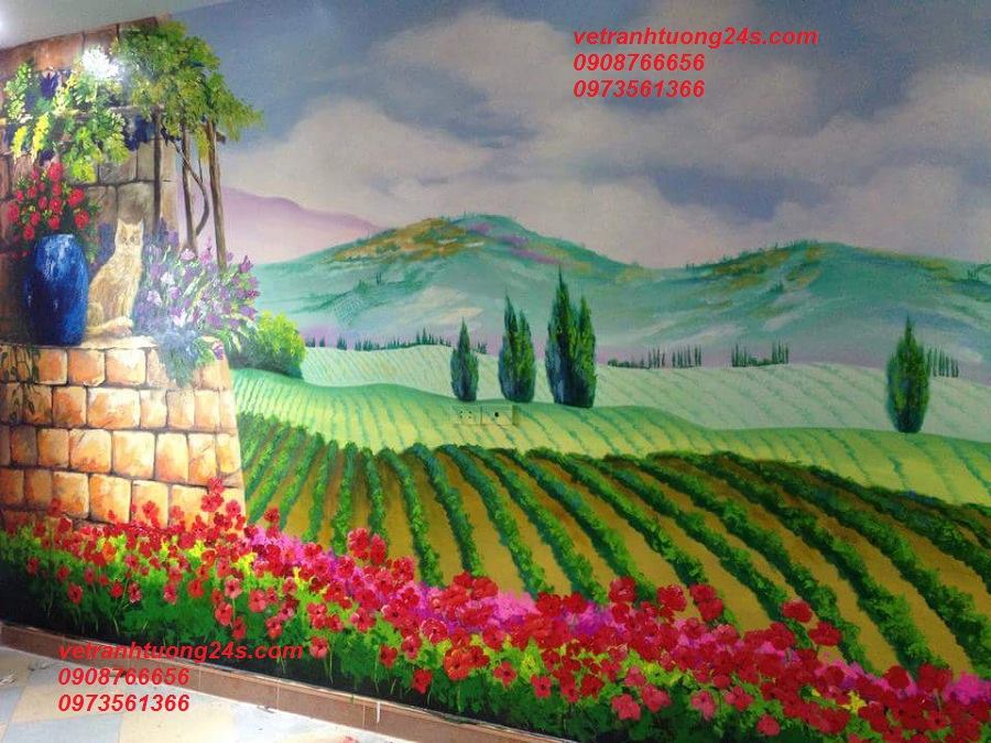 mẫu tranh vẽ tường cảnh cánh đồng hoa , tranh vẽ các loại hoa