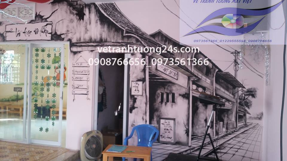 tranh tường 3d phố cổ đen trắng