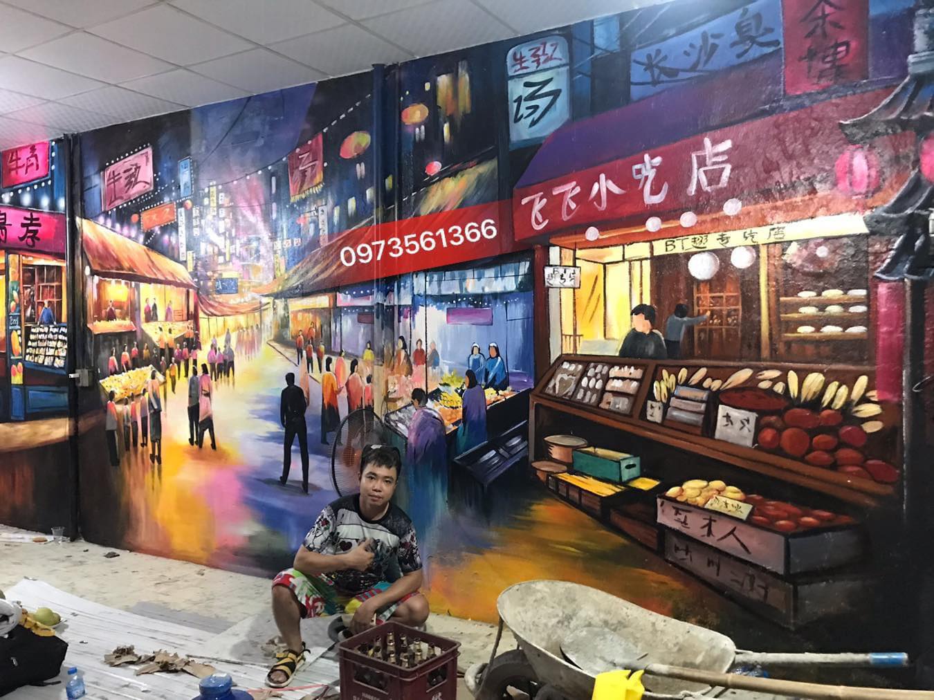 tranh tường 3d phố hồng kong