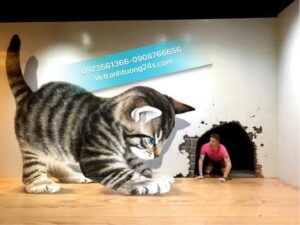 vẽ tranh tường 3d phòng ngủ em bé con mèo 3d